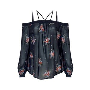 Ro & De Off Shoulder Embroidery Print Blouse in Black XS